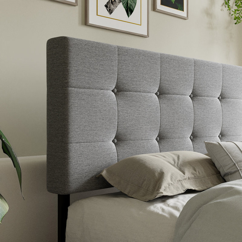 Deyani Storage Platform Bed with 4 Drawers and Adjustable Headboard, Block Square Stitched Linen Headboard, Light Grey, King
