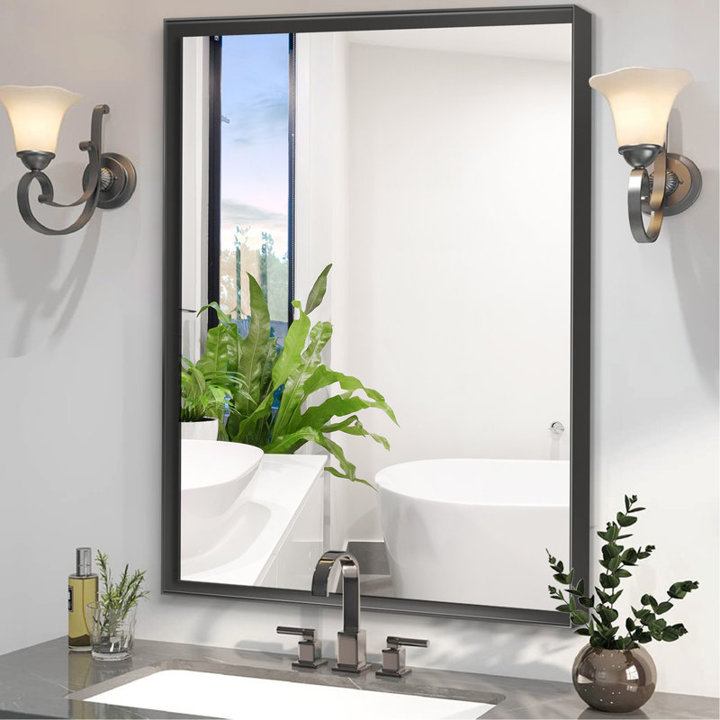Miroir de salle de bain rectangulaire noir 36 x 30 pouces - Cadre en métal rouillé, verre flotté brillant HD à réflexion 1:1, coins carrés décoratifs