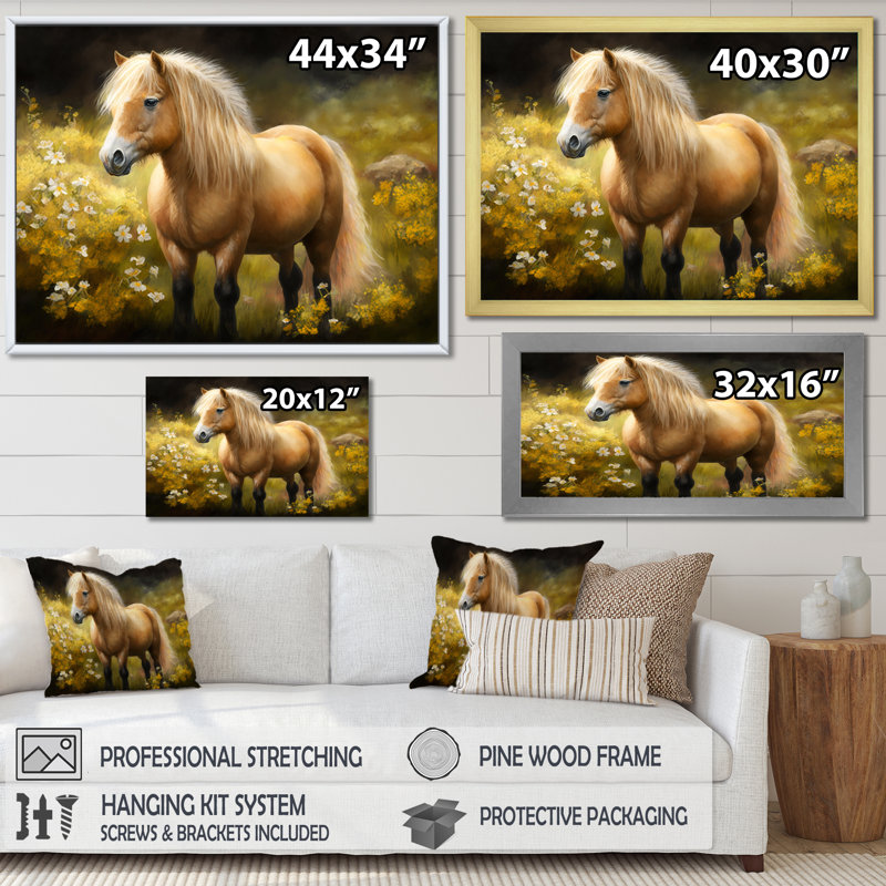 Poney doré dans un pré de fleurs - impression, H 34 po x l 44 po x P 1,5 po, Cadre simple argenté