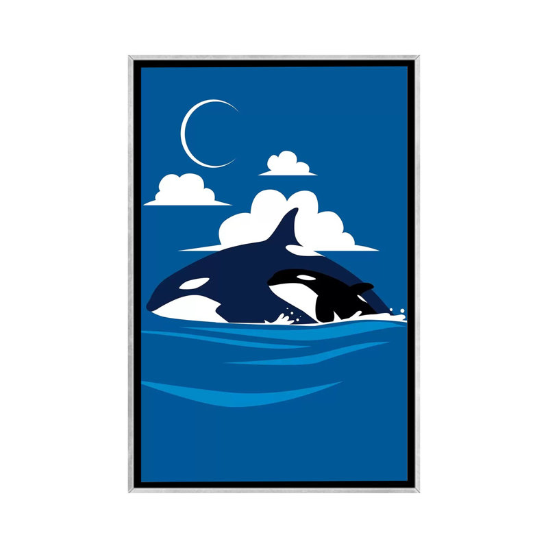 «Killer Whale Family» par Alberto Perez - impression d'art graphique, H 48 po x l 32 po x P 1,5 po, Toile avec cadre argenté