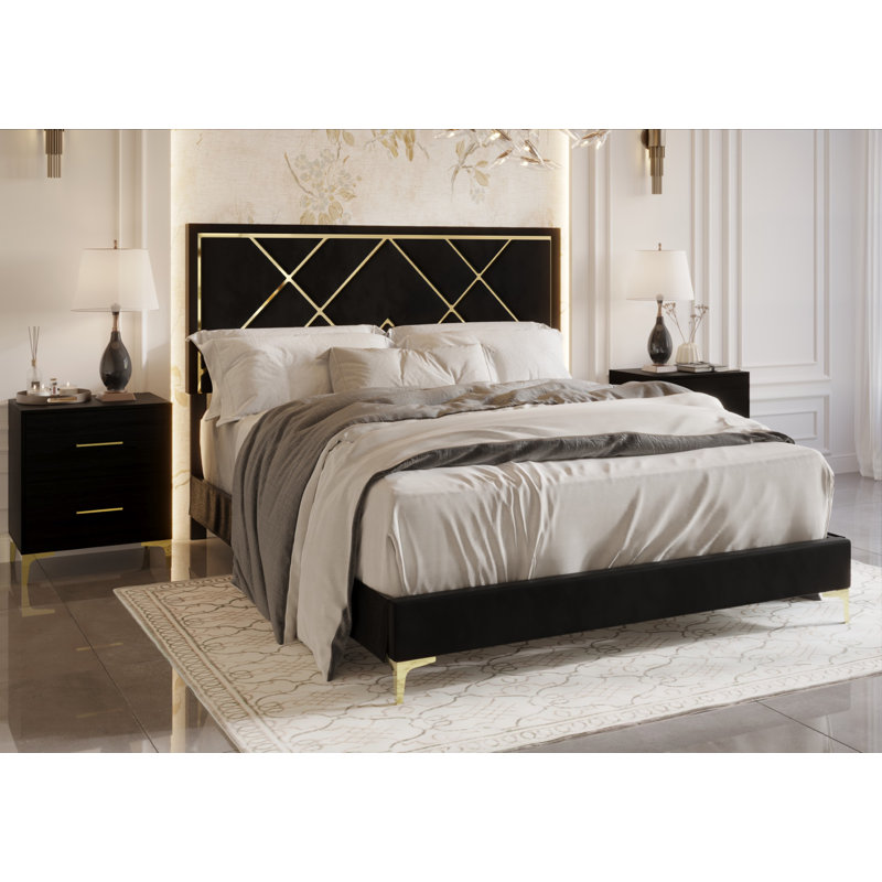 Lausyn Upholstered Standard 3 Piece Bedroom Set, Black, King