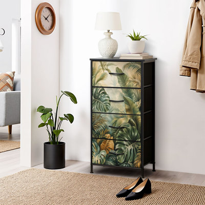 Commode 4 tiroirs pour chambre à coucher, commode étroite, plateau en bois et structure en fer 18 "x 37,5" - (l x H) - avec impression de style aquarelle de feuilles de jungle tropicale vert beige