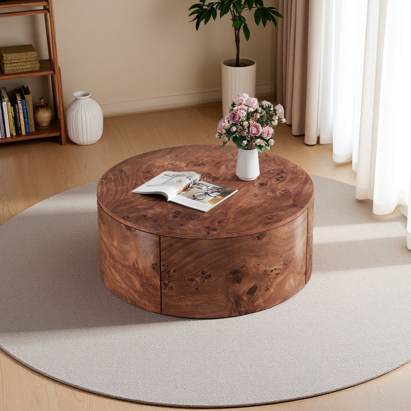 Table basse rotative en bois avec 2 tiroirs, plateau tournant à 360 °