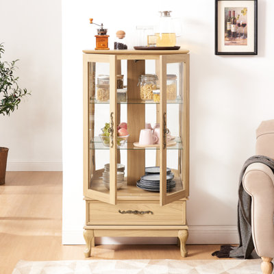 Alluring Lighted Glass Cabinet With Vintage-Style Handle In Oak Curio Adjustable Shelves And Hidden Storage