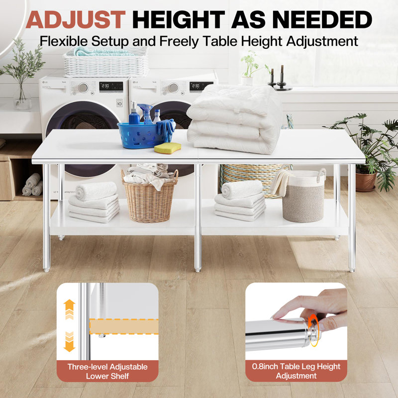 Stainless Steel Prep and Work Table with Adjustable Undershelf and Adjustable Feet, 96'' L x 30'' W, 96" L x 30" W