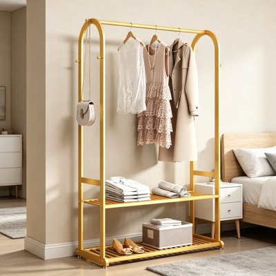 Gold Clothing Rack, Metal Garment Rack with Bottom Storage Shelves and Side Hooks, Sturdy Freestanding Wardrobe Rack for Bedroom, Boutique, and Entryway, Heavy Duty Clothes Hanging Rack, 39.4 Inches