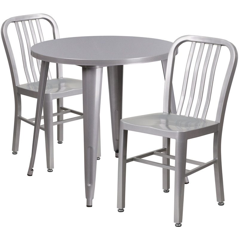 Ensemble de table ronde intérieure / extérieure en métal 24 po avec 2 chaises à dossier vertical à lattes Kathryne, Argent
