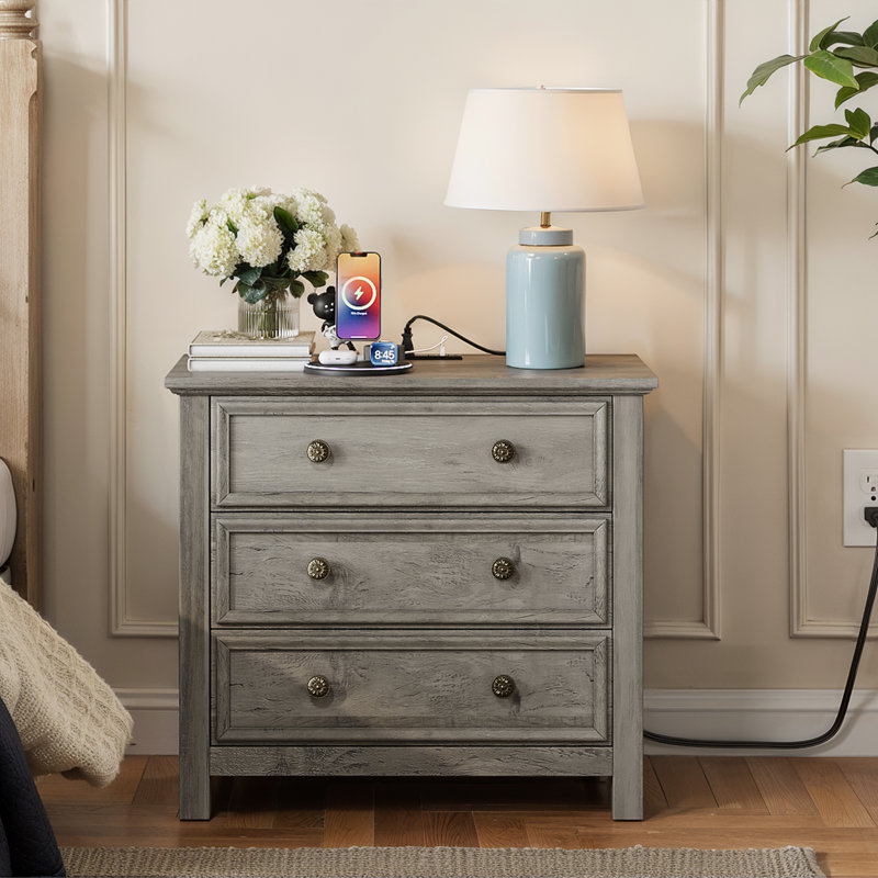  Nightstand For Bedroom With 3 Drawers, Modern Wooden Closet Storage Organizer With Charging Station, Individual