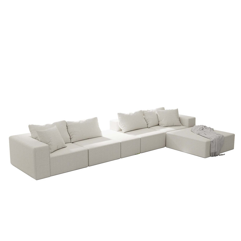 Modern Upholstered Boneless Sectional Sofa Couch Set,Modular Shaped Sectional Living Room Sofa Set, Beige Chenille
