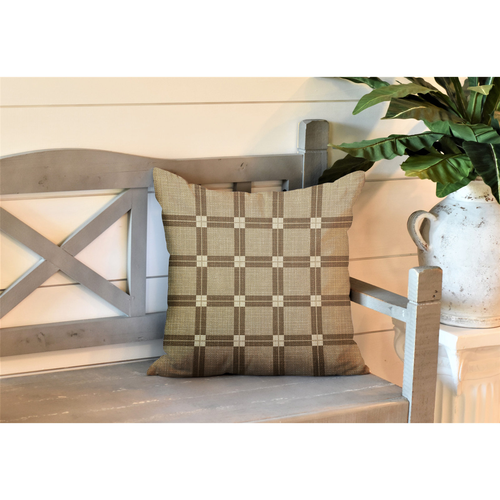 Plaid Indoor/Outdoor Throw Pillow, Beige, 17" W x 17" H