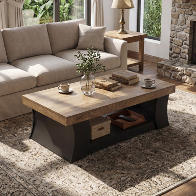Rectangular Coffee Table With Storage, 2-Tone Wood Coffee Table With Curved Legs & Lower Shelf