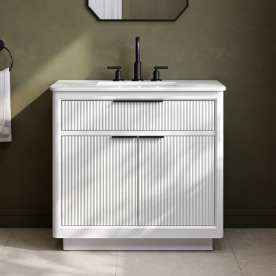 Meuble-lavabo autoportant blanc pur 36 po avec pierre d'ingénierie blanche Xander Xander
