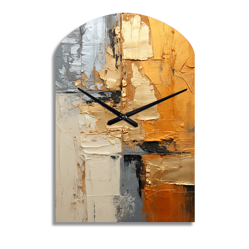 Gold Grey Gleaming Geometry XV - Arch Shape Large Abstract Collages 3D Wall Clock, Moyenne