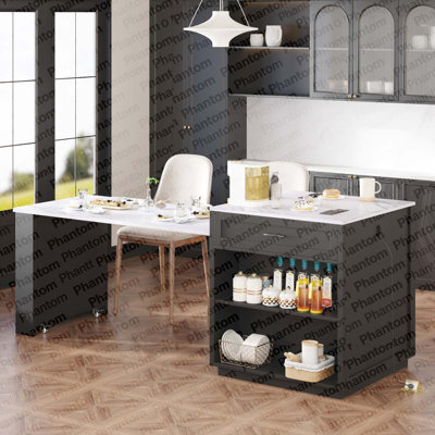 Îlot de cuisine avec table de salle à manger extensible pour 4 à 6 personnes de 82,7 po K&K, table de cuisine en faux plateau avec rangement double, prise de courant, îlot de cuisine avec rangement 2 tiroirs et 2 tablettes latérales ouvertes, noir