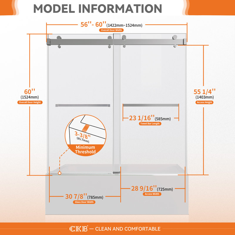 60"W x 60"H Sliding Shower Door, 3/8”(10mm) Tempered Glass, Stainless Steel Track, Smooth Glide with Buffer, Adjustable 4” Range, Left/Right Installation
