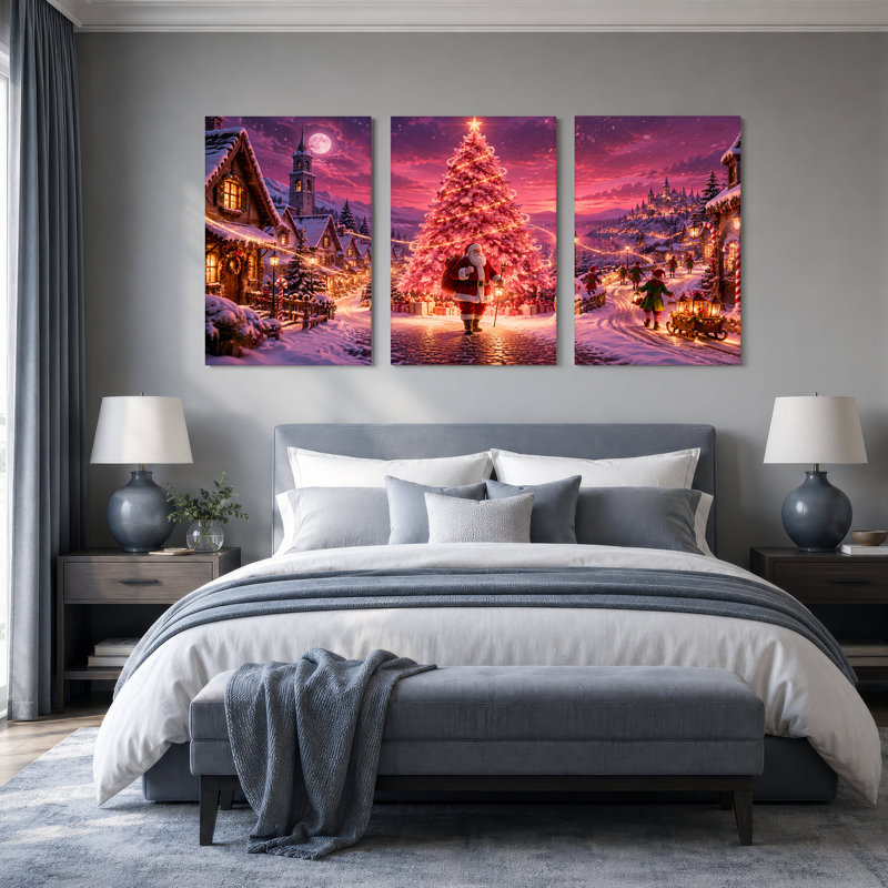 Père Noël marchant devant un arbre rose géant, ensemble de 3 toiles, L 36 po x H 18 po au total - 3 panneaux
