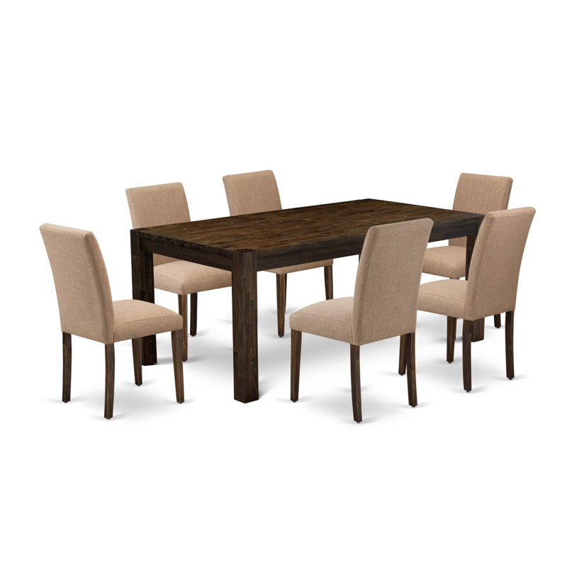 Ensemble de table de salle à manger 7 pièces composé d'une table de cuisine rectangulaire en bois rustique et de 6 chaises Parson en tissu de lin gris, noyer