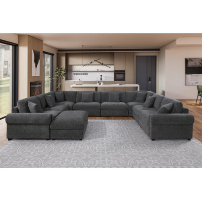 Errett Modern Fabric Reversible 9 Seater Corner Sectional With Movable Ottoman by Lark Manor