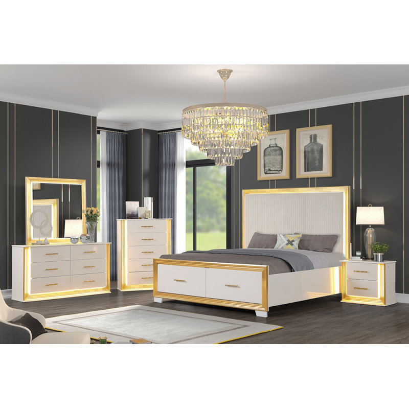 Ensemble de chambre avec grand lit 5 pièces de style contemporain OBSession en bois et finition or