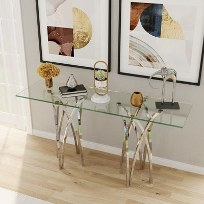 Console de 60 pouces en verre transparent avec console et base en miroir argentée pour le salon du couloir d'entrée