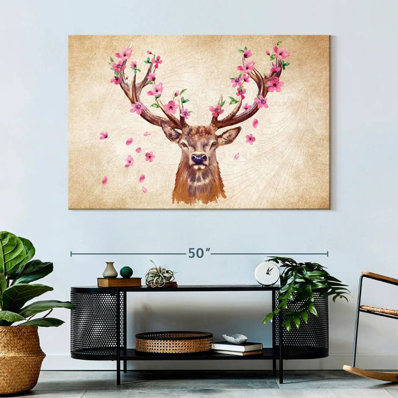 Cerf rose floral, H 34 po x l 51 po