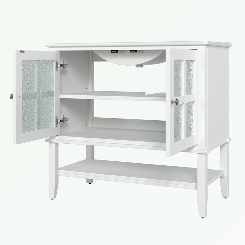 Bathroom Vanity with Ceramic Sink, Adjustable Shelf and open bottom shelf, White