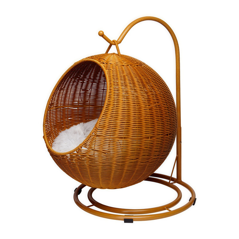 Lit-grotte surélevé en rotin PE tissé à la main avec pieds en bois massif, refuge pour animaux de compagnie à deux niveaux avec coussin moelleux lavable, peut supporter jusqu'à 13 lb, 16,5 po x 16,5 po x 17,7 po, brun