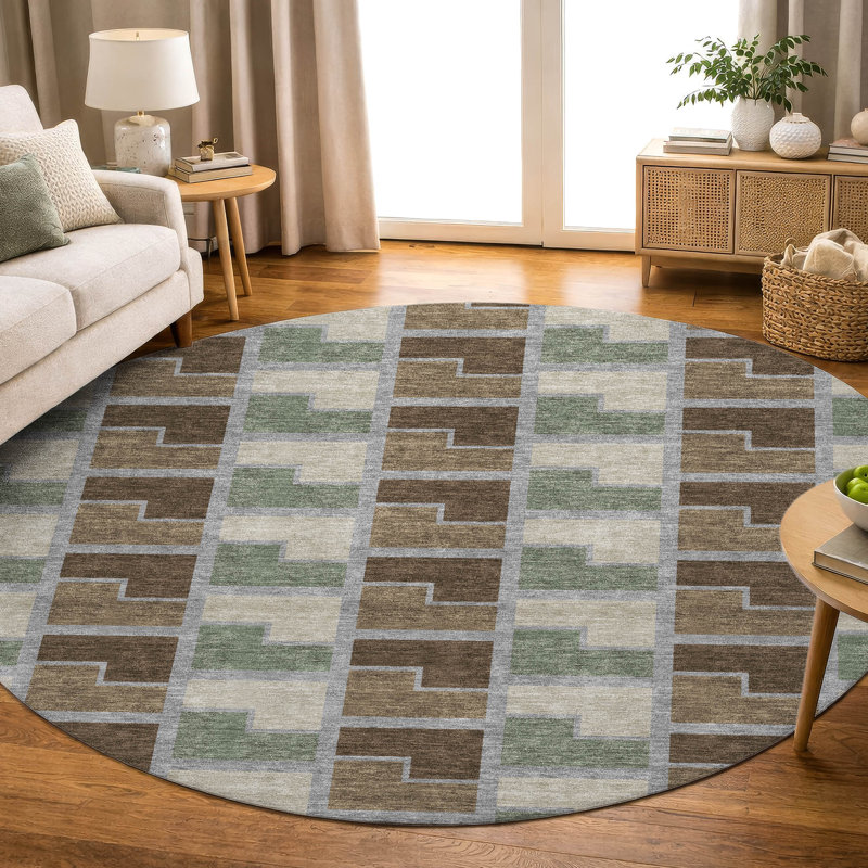 Premium Machine Washable Mayfield AMF2417 Geometric Rug, Chocolate, 8' Round