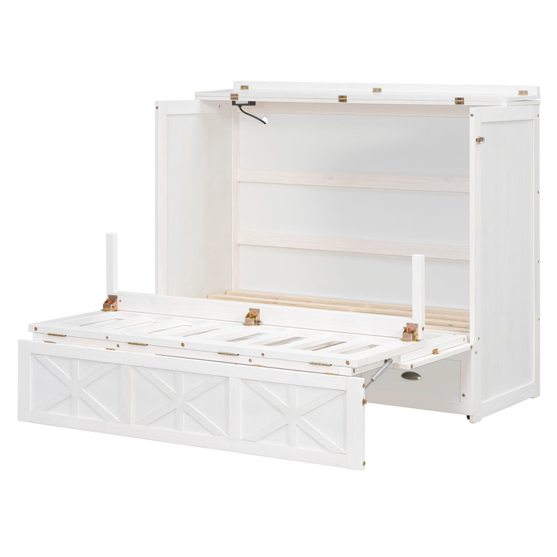 Lit escamotable double avec grands tiroirs, blanc