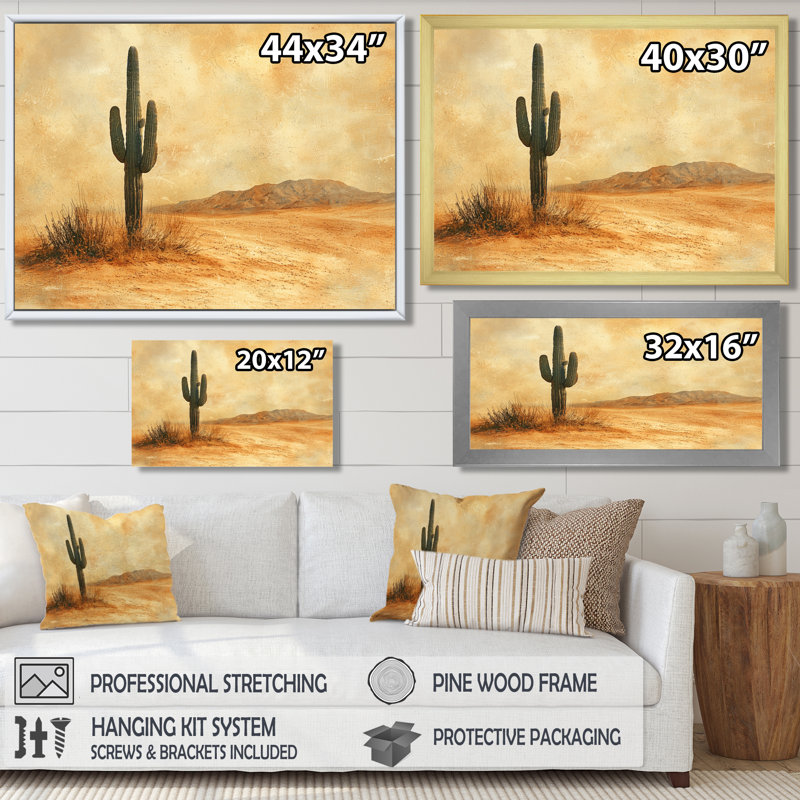 Minimalisme, cactus dans le désert, vent I - art mural grand cactus, H 34 po x l 44 po, Cadre flottant, Brun