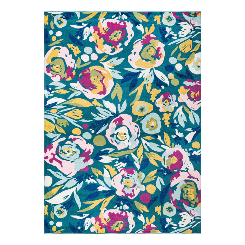 Holle Floral Area Rug, Rectangle 5'3" x 8', Teal/Yellow/Pink