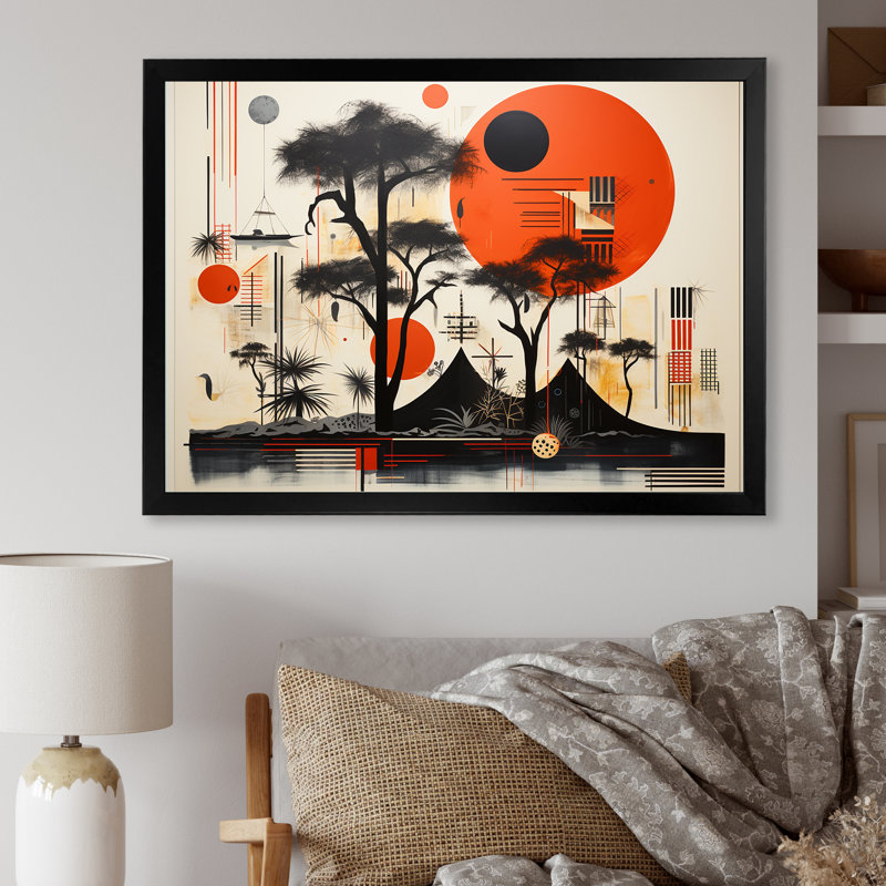 «Full Moon Japanese Mountain Retro Illustration» sur, Black Picture Framed, H 24 po x l 32 po