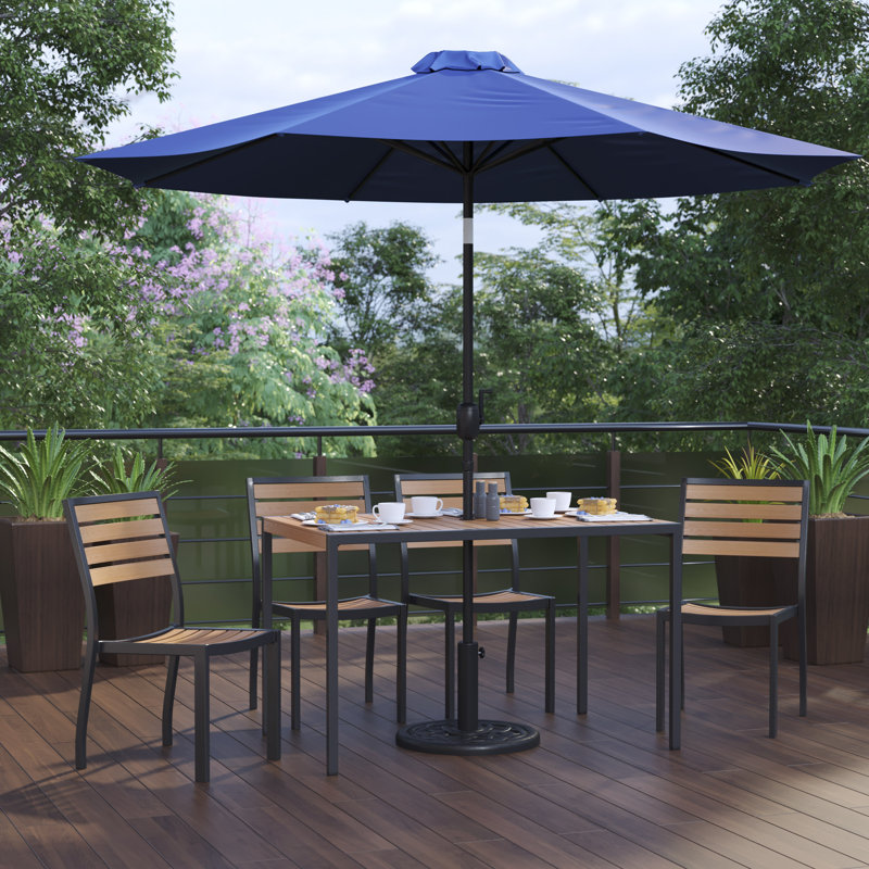 Agit Indoor/Outdoor Square Steel Framed Table with 4 Stackable Faux Teak Chairs, Navy Umbrella, Yes