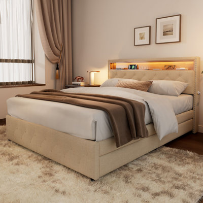 5Ft Led Upholstered Bed With 4 Drawers