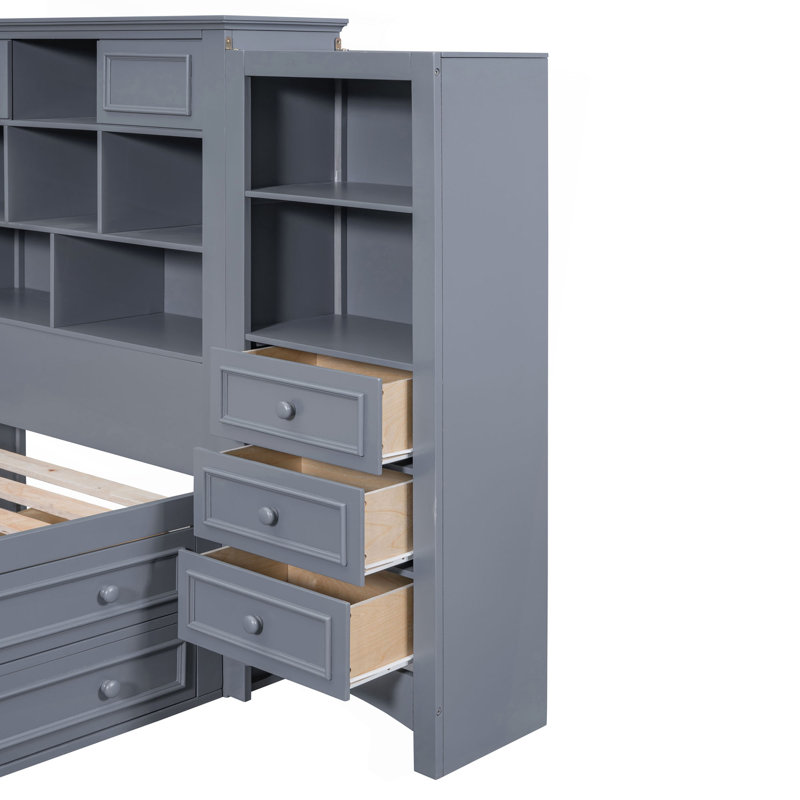 Twin Size Wood Platformbed With Vertical All-In-One Cabinet And 4 Drawers On Each Side, Grey