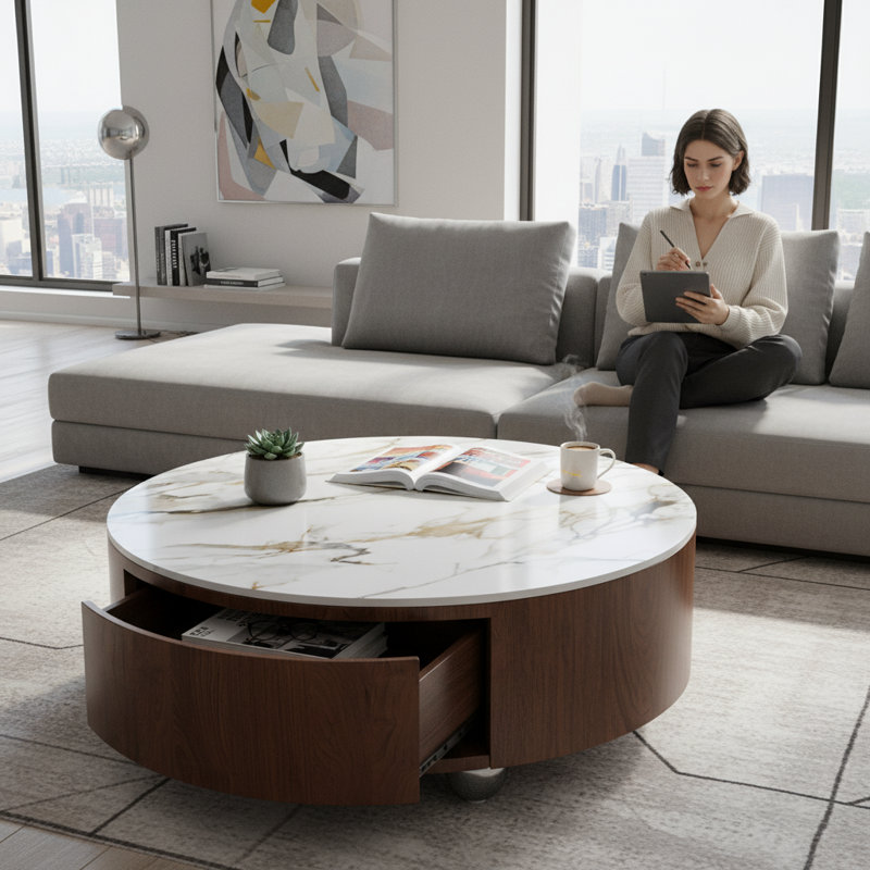 35.4" Round Faux Marble Tabletop Coffee Table