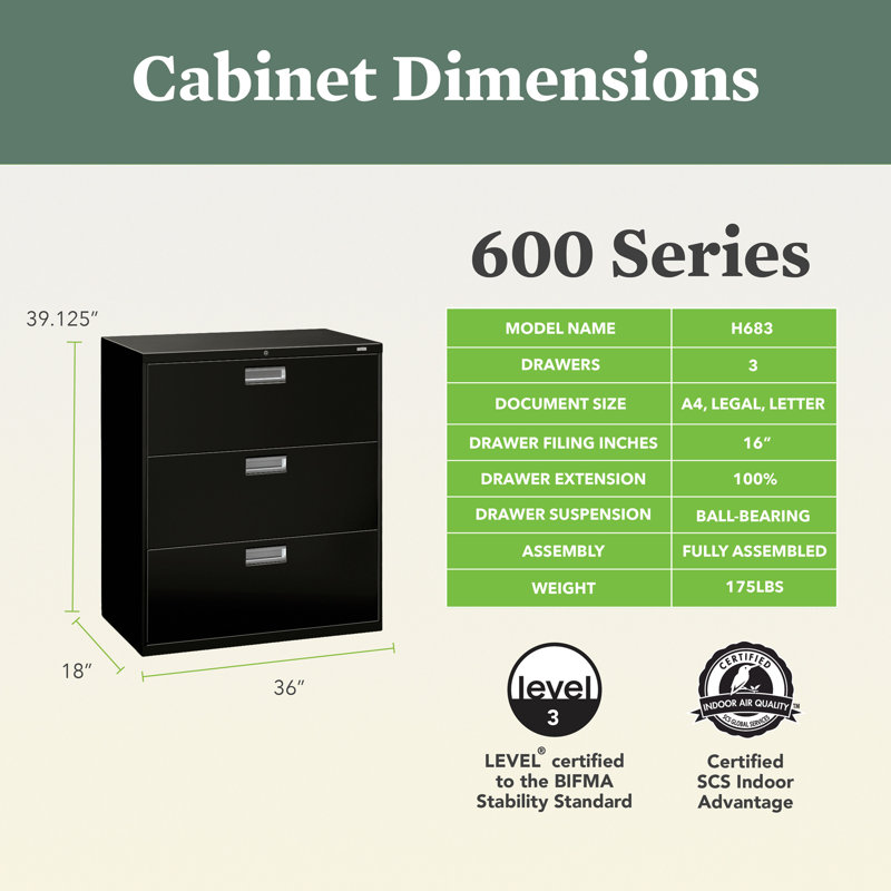 HON Brigade 600 Series Lateral File, 3 Drawers, Aluminum Pull, 36"W, Black, Black