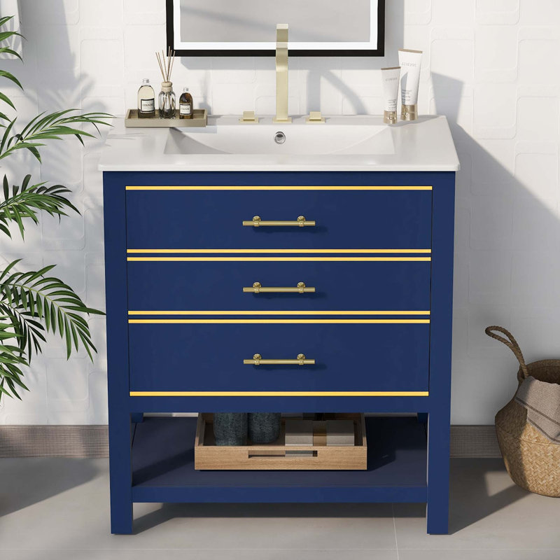 Meuble-lavabo simple 29,9 po avec plateau en céramique Makeila, Bleu