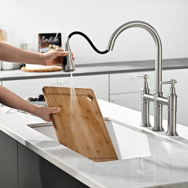Robinet de cuisine à 3 trous en nickel brossé, rétractable, 2 poignées, robinet moderne et classique pour évier, poignée, construction