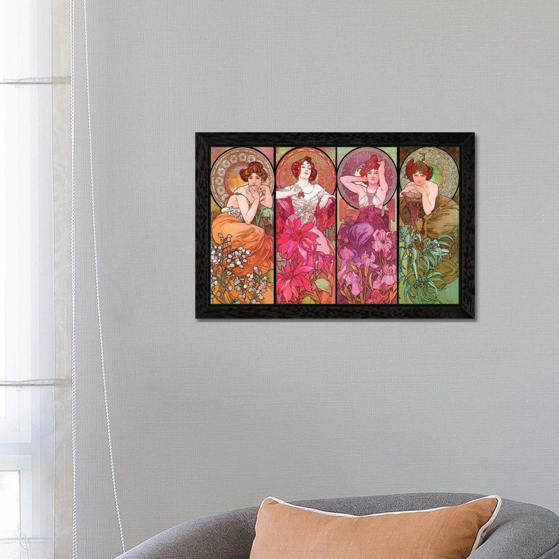 The Precious Stones (Ruby, Emerald, Amethyst, Topaz), 1900 by Alphonse Mucha - Print on Canvas, Black Framed