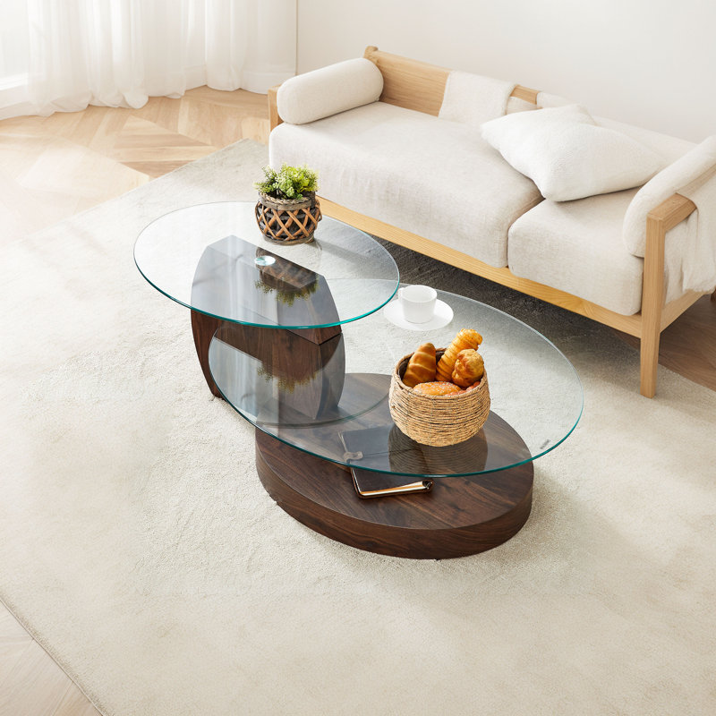 Double Clear Glass Oval Single Coffee Table, Brown