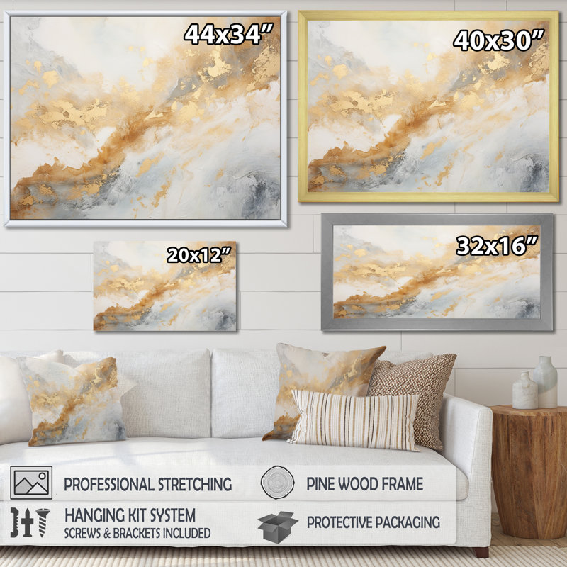 Géode de marbre magique doré et blanc III sur toile, Cadre photo noir, H 12 po x l 20 po x P 1 po