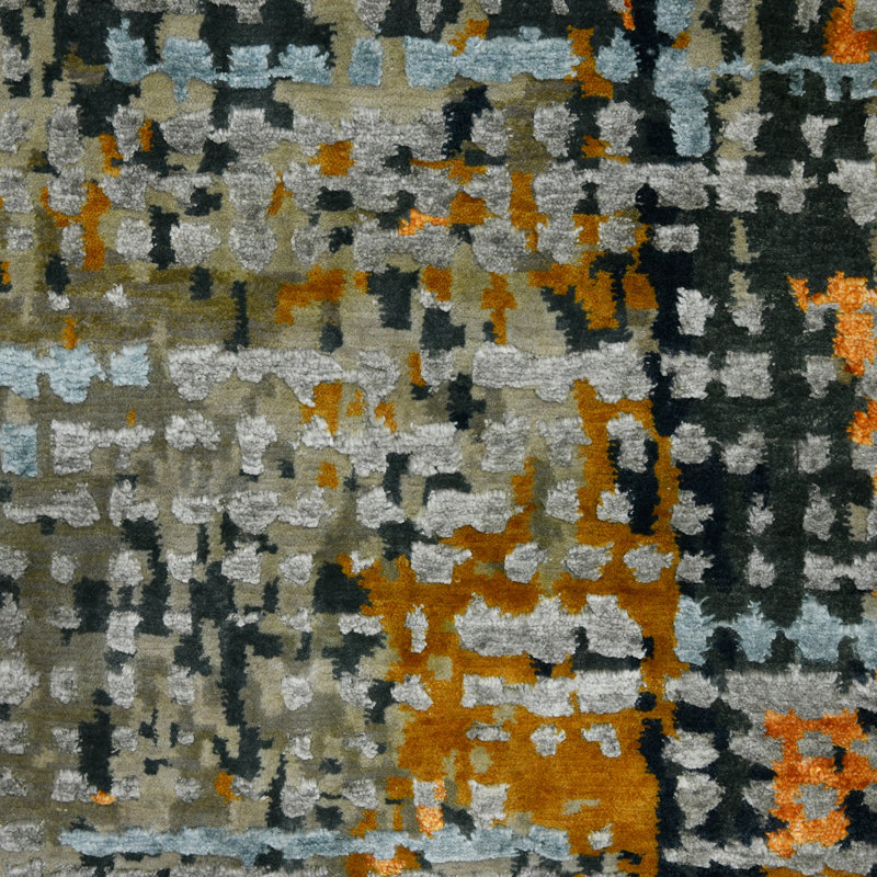 Gray Abstract Hand-Knotted Wool and Silk 9'x12' Rug