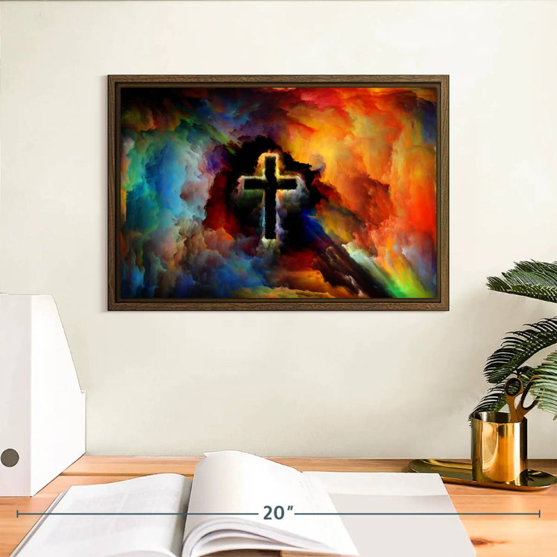 Croix colorée, 13 po x 9 po, Cadre flottant noyer