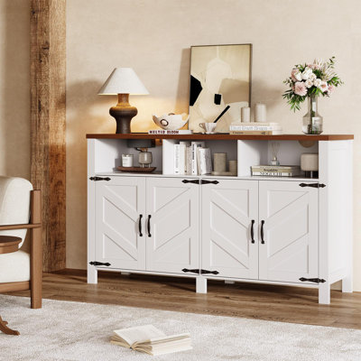 55" Sideboard Buffet Cabinet LED Lights & Power Strip, Coffee Bar Station with Storage for Dining & Living Room, White