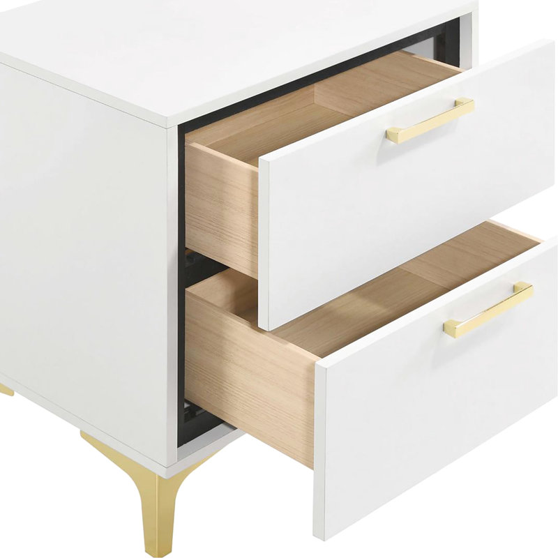 White And Gold 2-Drawer Rectangular Nightstand, White Duplicate