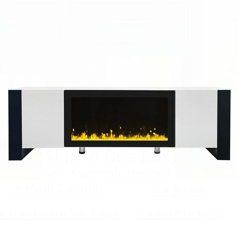 Wood Top TV Stand  With  Electric Fireplace ,2 Cabinets, White