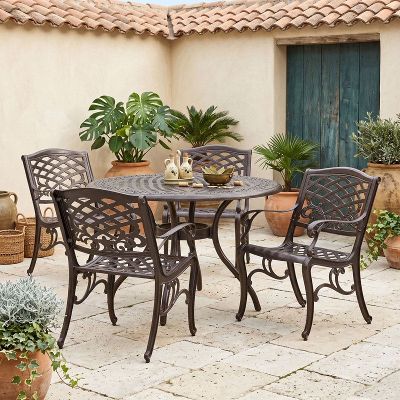Ensemble de salle à manger d'extérieur 5 pièces avec table ronde, trou pour parasol et 4 chaises, résistant aux intempéries