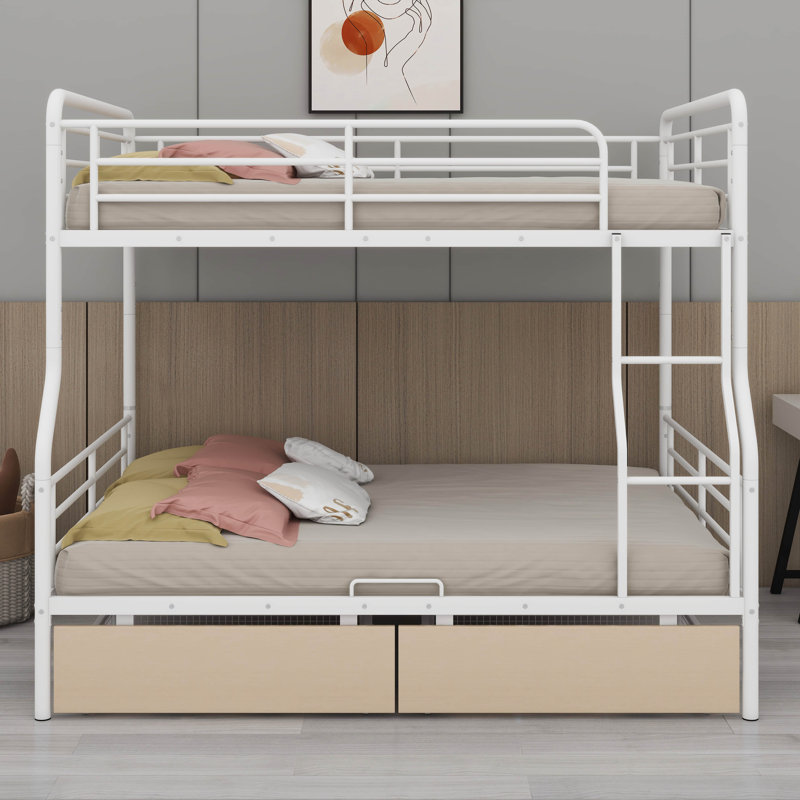 Metal Full XL Over Queen Bunk Beds With Storage, Heavy-Duty Full Over Queen Bunk Bed With 2 Drawers, White