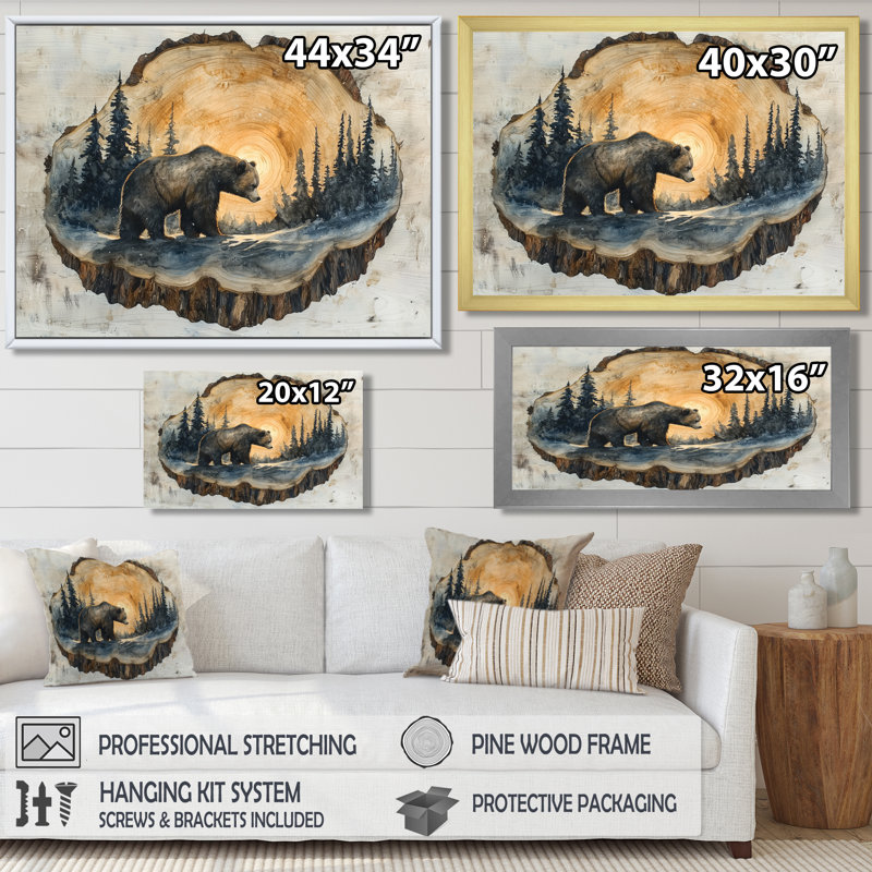 «Grizly Bear Into The Winter Landscape I», art mural ours, H 30 po x l 40 po, Cadre simple, Argent argent